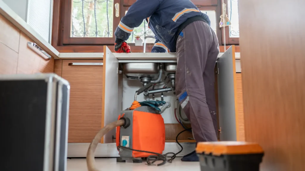 Hydraulik wykonujący udrażnianie rur w Łodzi przy użyciu specjalistycznego sprzętu do przepychania kanalizacji